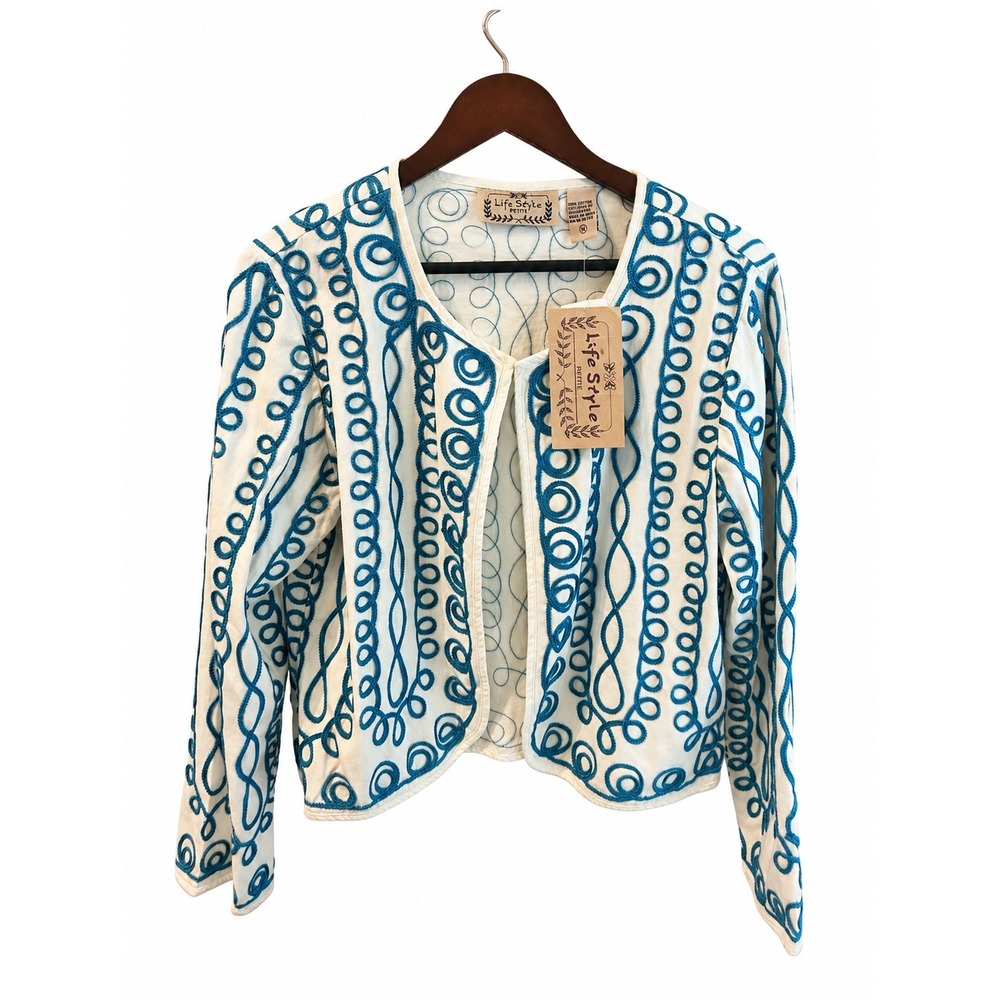 Life Style Petite Jacket Women PL White Blue NEW Soutache Embroidered Open Front